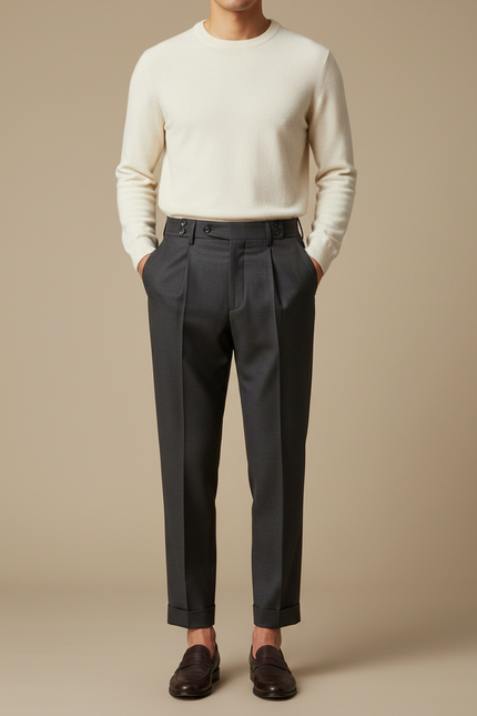 Pantalon À Pince Gris Foncé Droit Plissé Homme - Gabardine