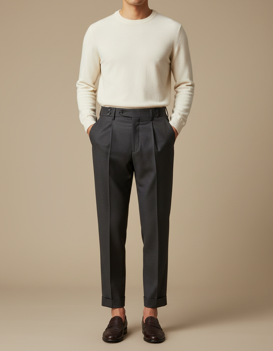Pantalon À Pince Gris Foncé Droit Plissé Homme - Gabardine