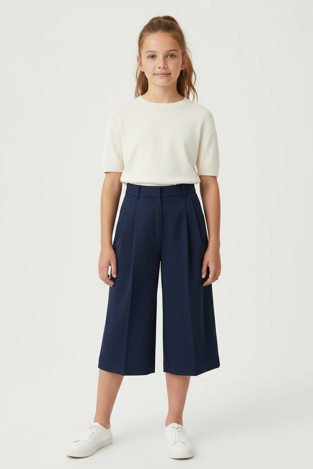 Pantalon À Pince Bleu Marine Ample Court Fille - Gabardine
