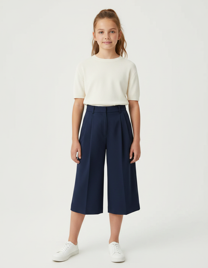 Pantalon À Pince Bleu Marine Ample Court Fille - Gabardine