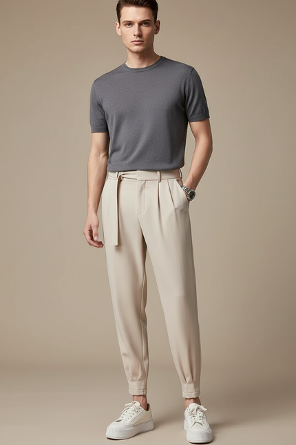 Pantalon À Pince Crème - Beige Polyester