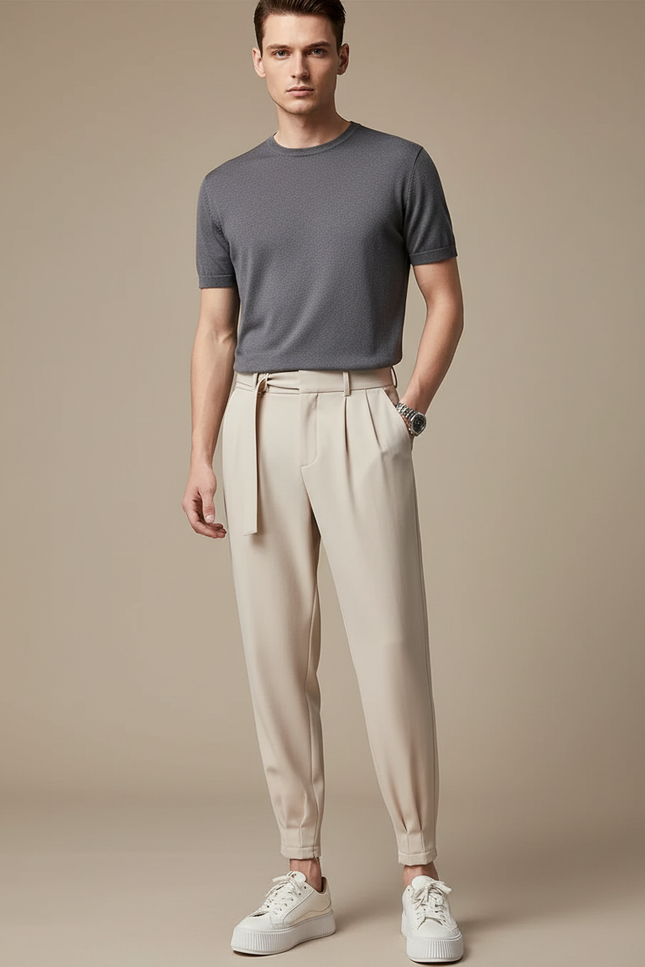 Pantalon À Pince Crème - Beige Polyester