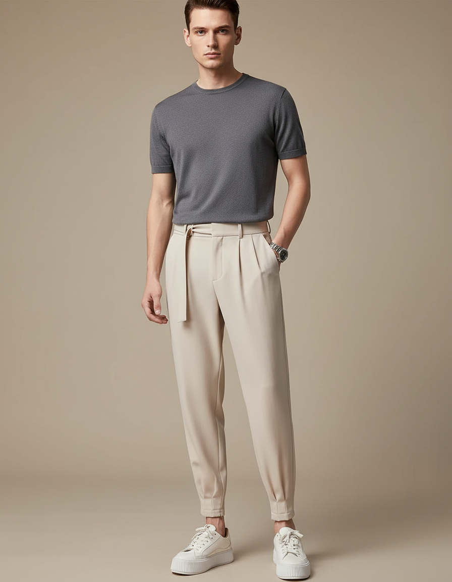 Pantalon À Pince Crème - Beige Polyester