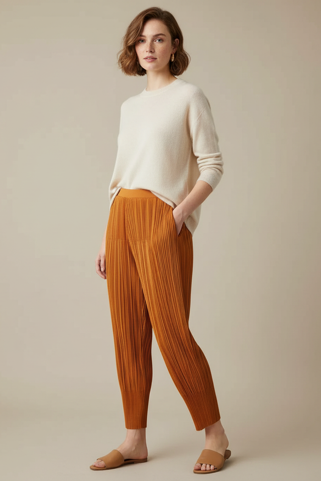 Pantalon À Pince Plissé Orange Ample Décontracté - Polyester