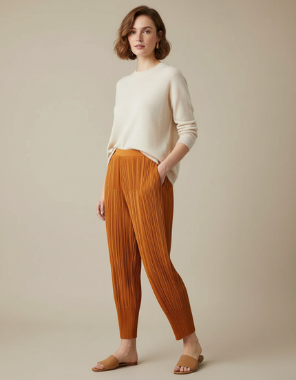 Pantalon À Pince Plissé Orange Ample Décontracté - Polyester