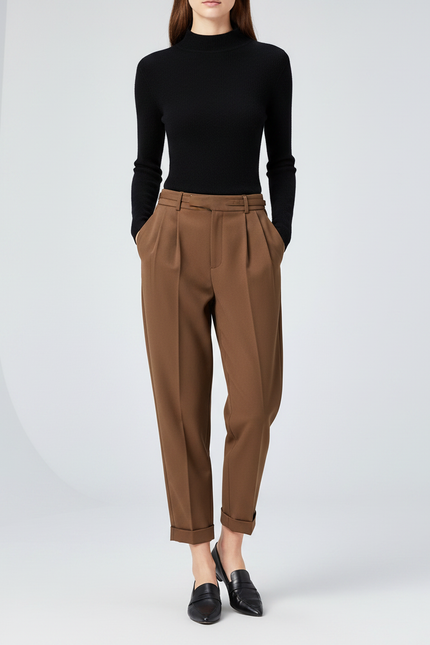 Pantalon À Pince Marron Taille Haute Élégant Décontracté Femme - Gabardine