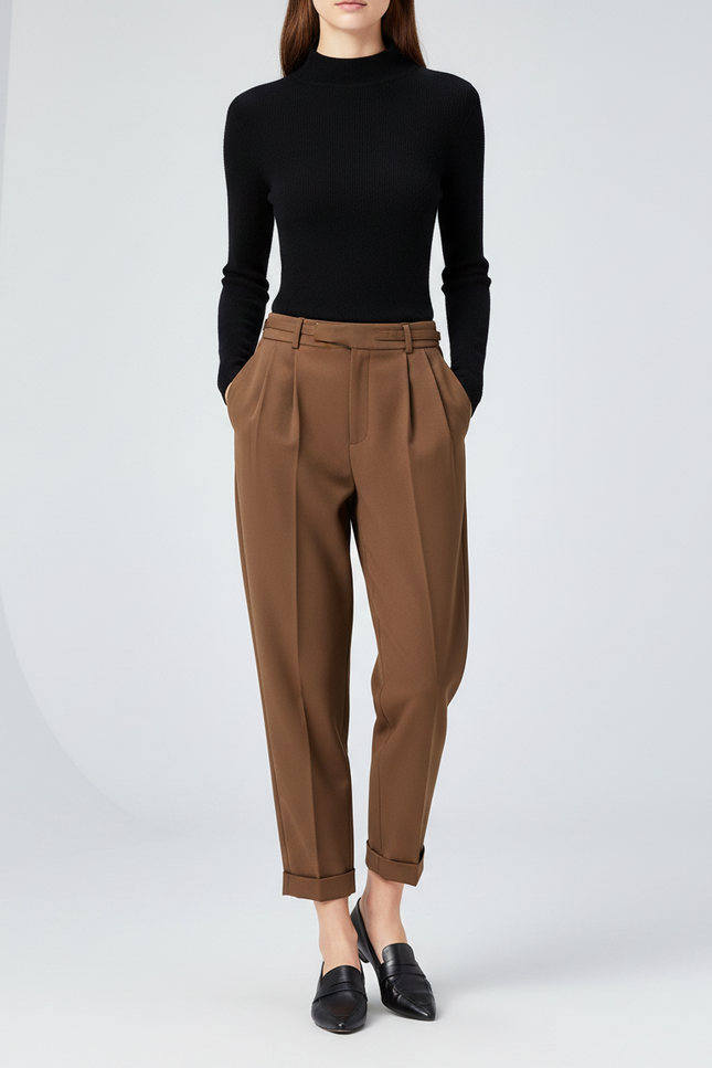 Pantalon À Pince Marron Taille Haute Élégant Décontracté Femme - Gabardine