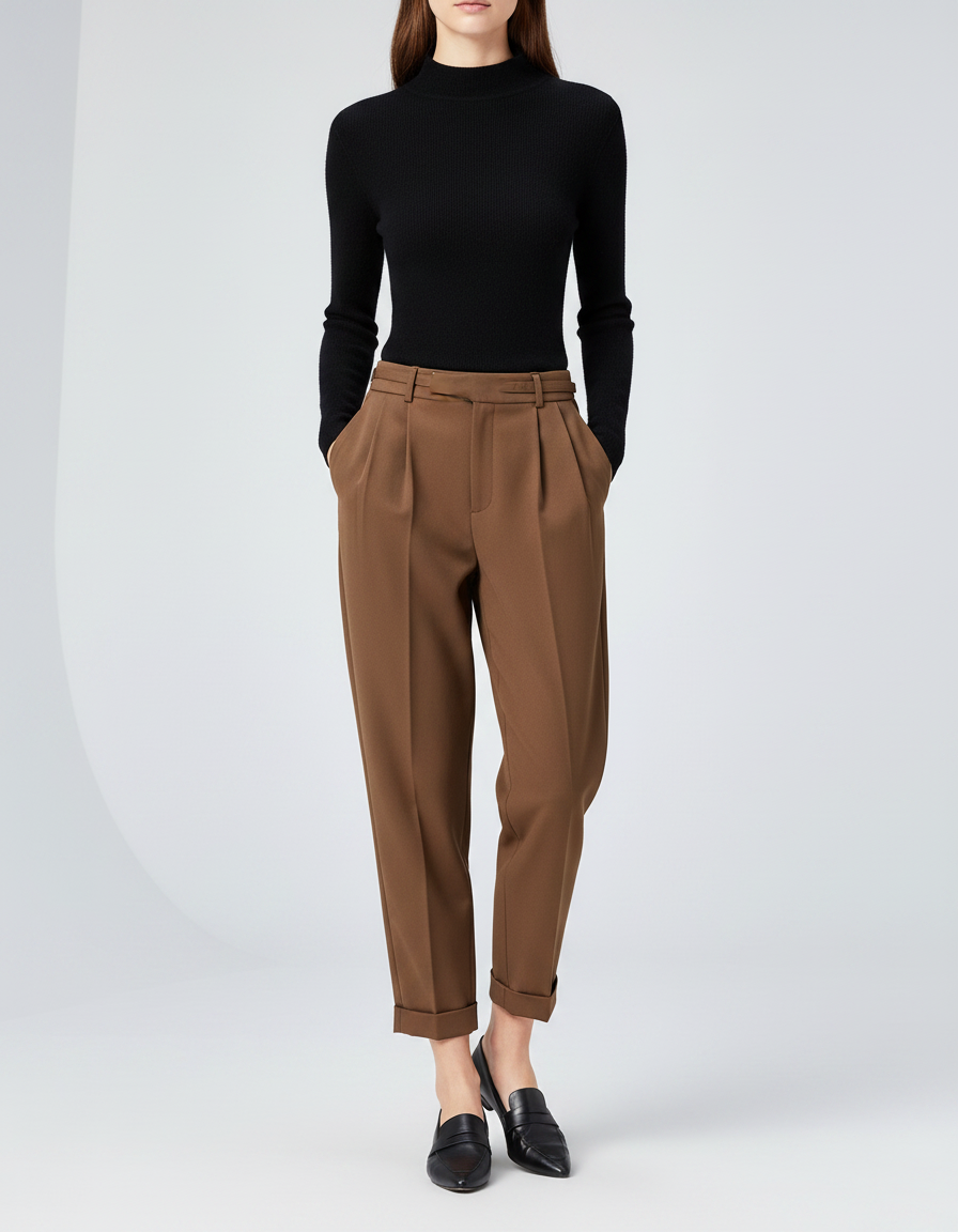 Pantalon À Pince Marron Taille Haute Élégant Décontracté Femme - Gabardine