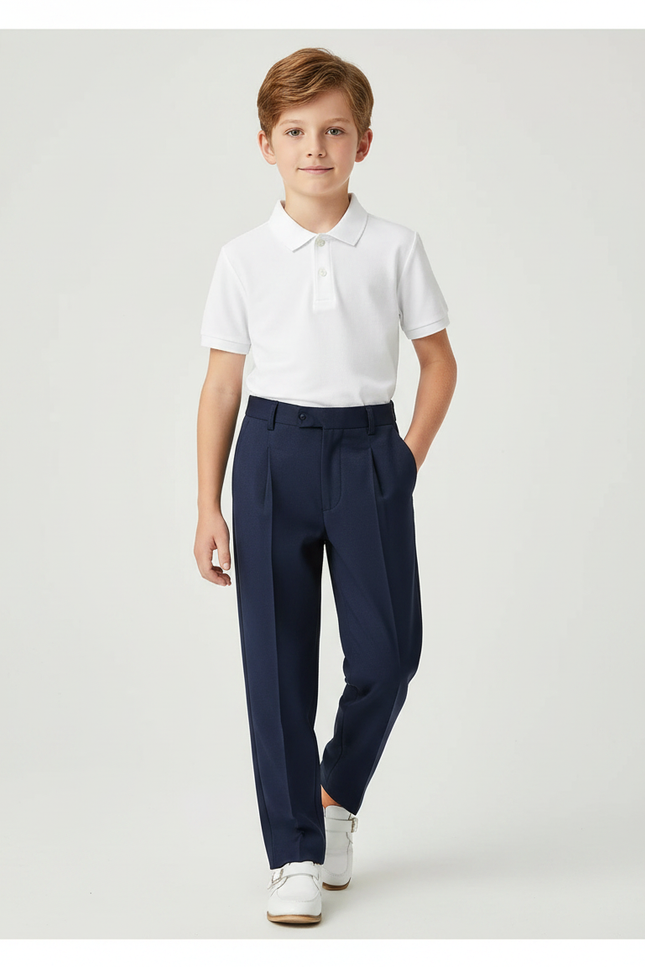 Pantalon À Pince Bleu Marine Plissé Droit Enfant - Gabardine
