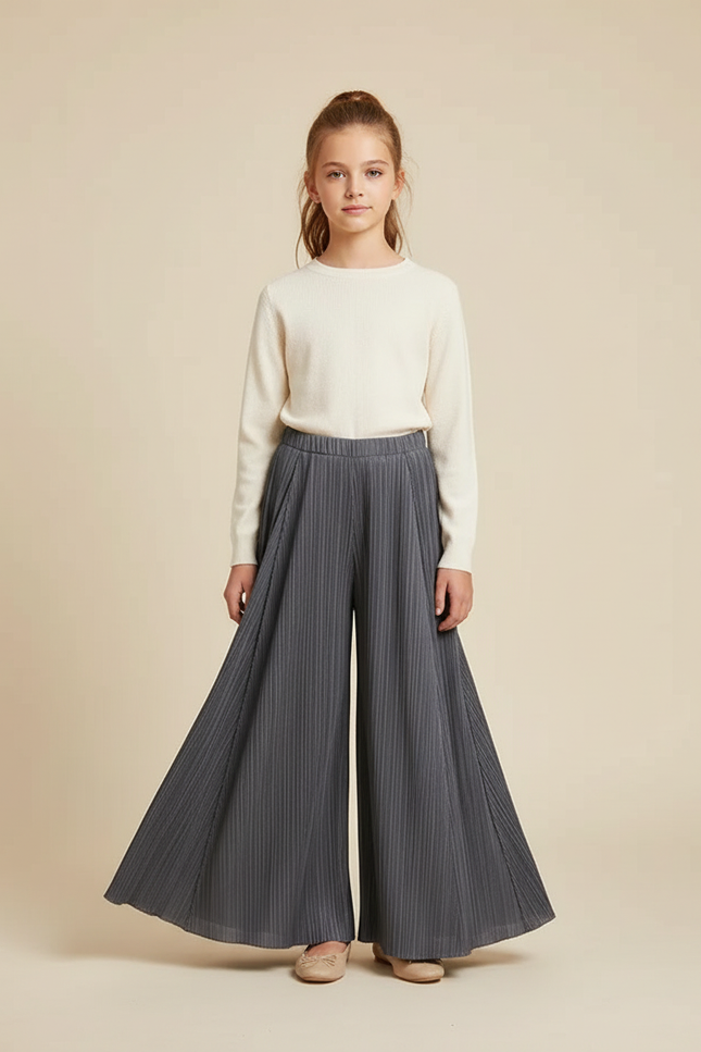 Pantalon À Pince Plissé Gris Ample Fluide - Polyester