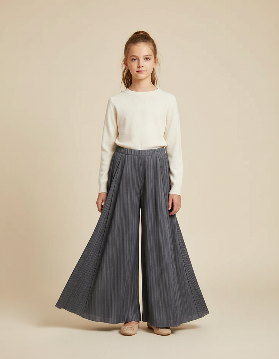 Pantalon À Pince Plissé Gris Ample Fluide - Polyester
