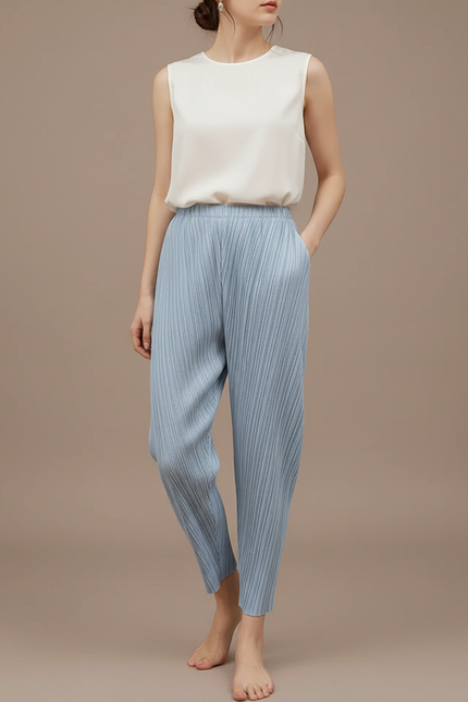 Pantalon À Pince Plissé Bleu Ciel Fluide Décontracté Femme - Polyester