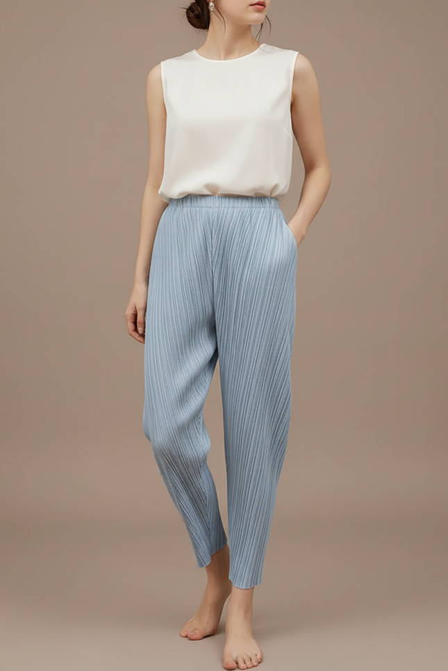 Pantalon À Pince Plissé Bleu Ciel Fluide Décontracté Femme - Polyester