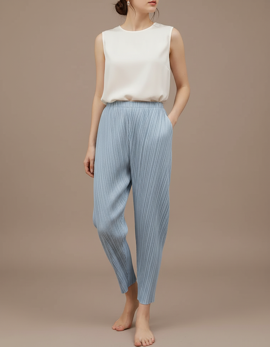 Pantalon À Pince Plissé Bleu Ciel Fluide Décontracté Femme - Polyester