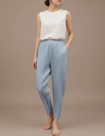 Pantalon À Pince Plissé Bleu Ciel Fluide Décontracté Femme - Polyester