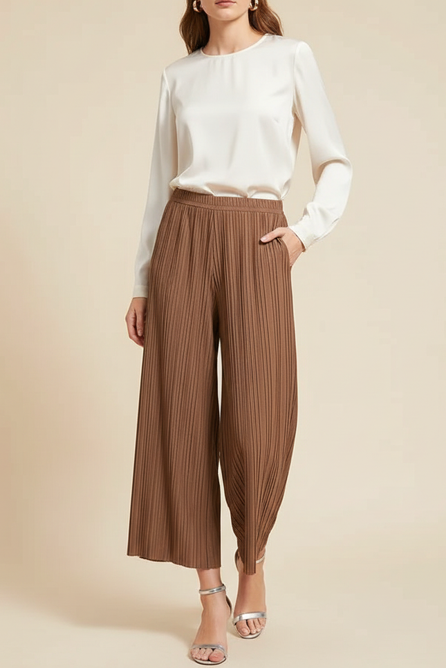 Pantalon À Pince Plissé Fluide Marron Ample - Polyester