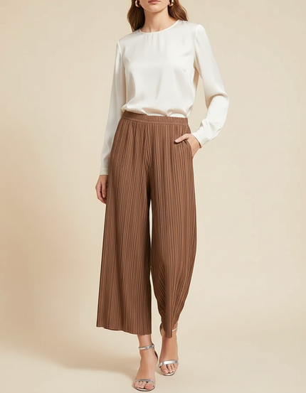 Pantalon À Pince Plissé Fluide Marron Ample - Polyester