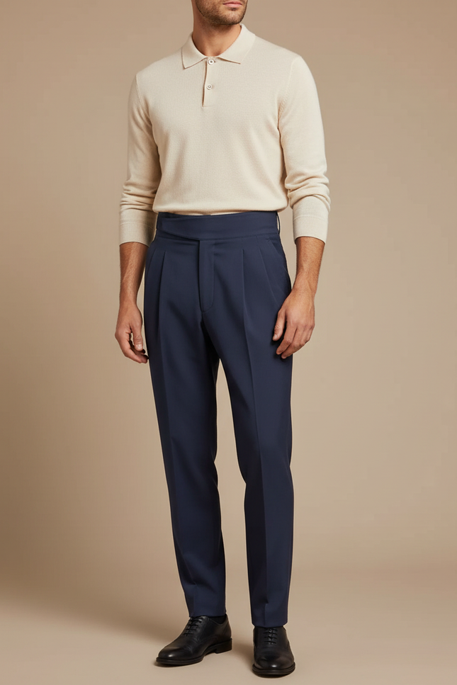 Pantalon À Pince Bleu Marine Plissé Élégant Homme - Gabardine
