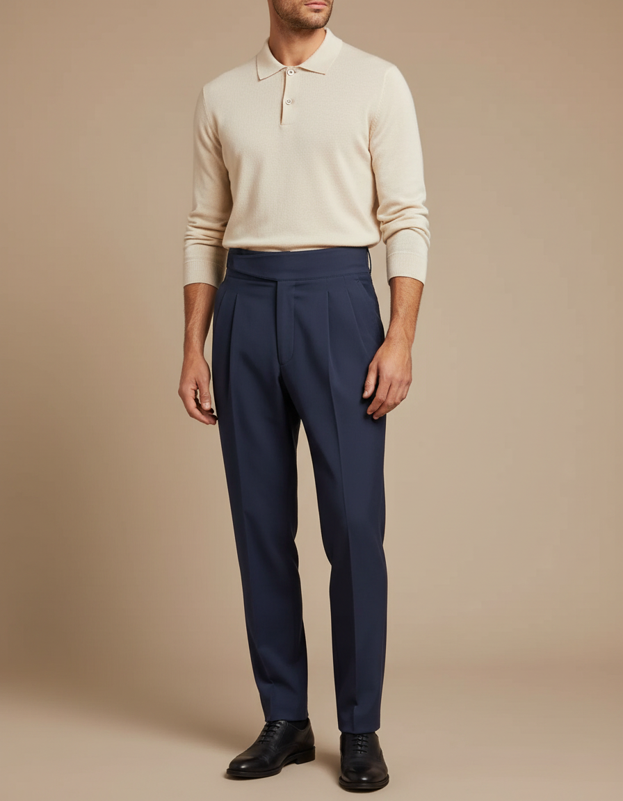 Pantalon À Pince Bleu Marine Plissé Élégant Homme - Gabardine