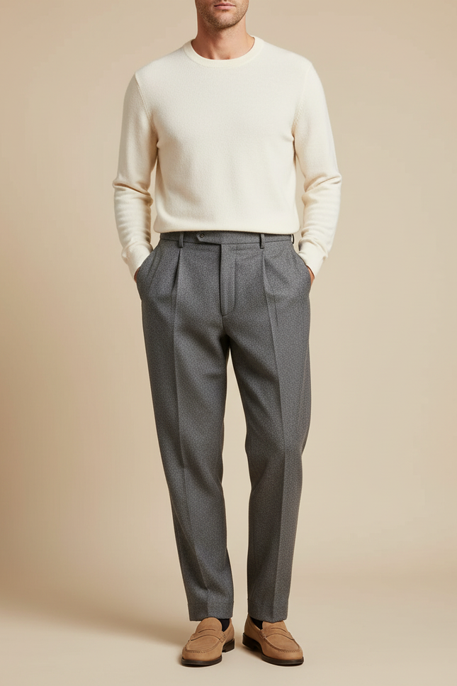 Pantalon À Pince Gris Motif Micro Plissé Homme - Laine