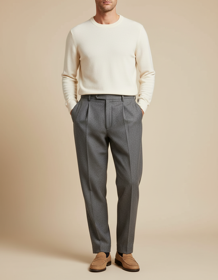 Pantalon À Pince Gris Motif Micro Plissé Homme - Laine