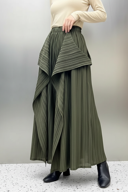 Pantalon À Pince Plissé Vert Kaki Irrégulier Fluide Femme - Polyester