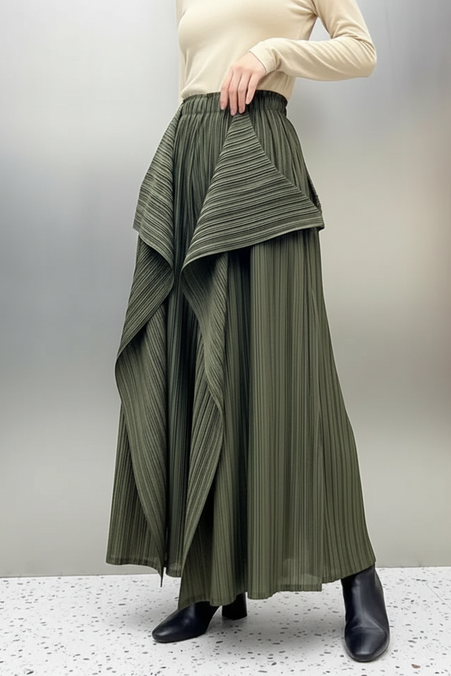 Pantalon À Pince Plissé Vert Kaki Irrégulier Fluide Femme - Polyester