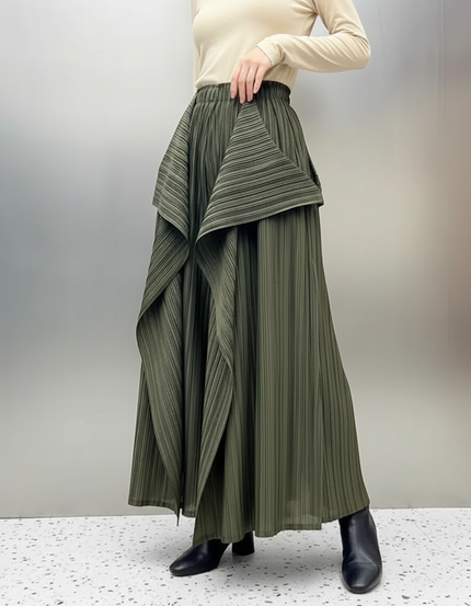 Pantalon À Pince Plissé Vert Kaki Irrégulier Fluide Femme - Polyester