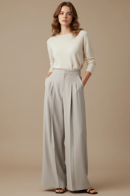 Pantalon À Pince Gris Clair Ample Plissé Fluide - Polyester