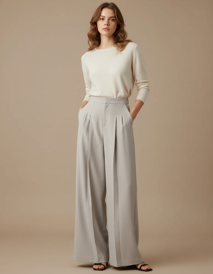 Pantalon À Pince Gris Clair Ample Plissé Fluide - Polyester