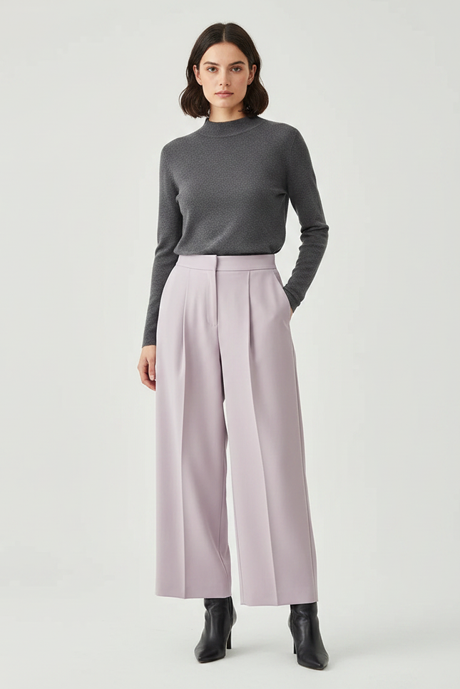 Pantalon À Pince Lavande Ample Plissé Taille Haute - Violet Polyester