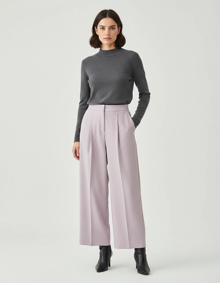 Pantalon À Pince Lavande Ample Plissé Taille Haute - Violet Polyester