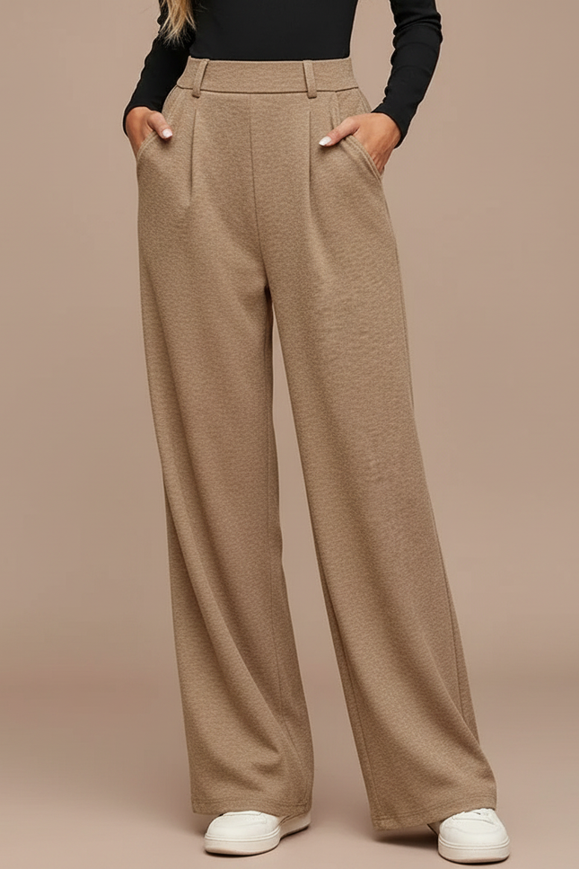 Pantalon À Pince Marron Ample Fluide Décontracté Femme - Camel Molleton