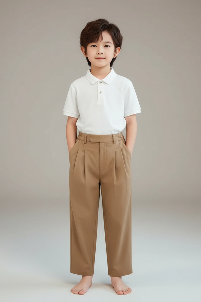 Pantalon À Pince Marron Plissé Ample Enfant Élégant - Camel Gabardine