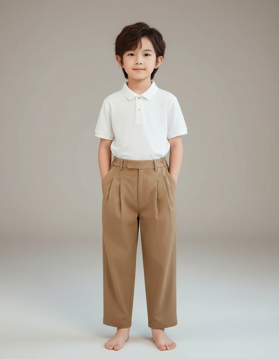 Pantalon À Pince Marron Plissé Ample Enfant Élégant - Camel Gabardine