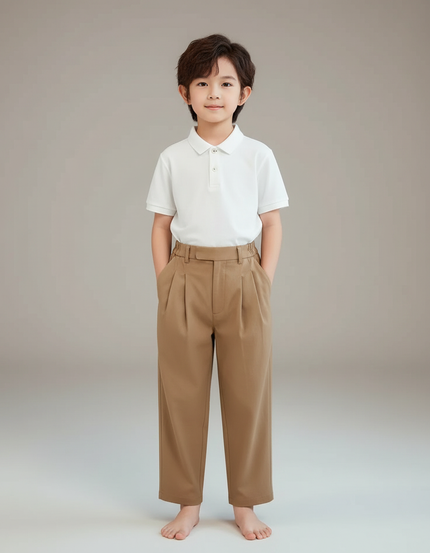 Pantalon À Pince Marron Plissé Ample Enfant Élégant - Camel Gabardine