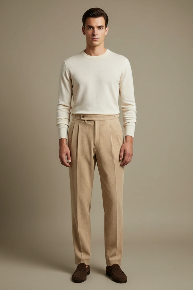 Pantalon À Pince Beige Côtelé Droit Plissé Élégant - Cordé
