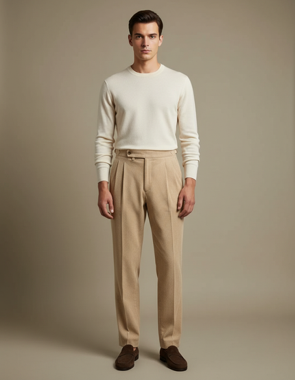 Pantalon À Pince Beige Côtelé Droit Plissé Élégant - Cordé