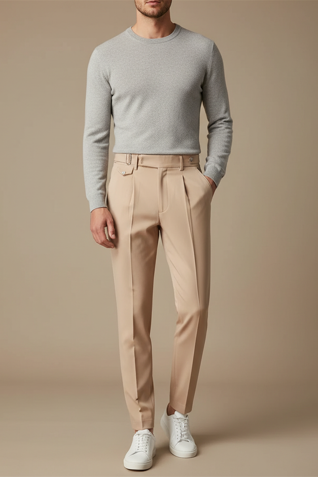 Pantalon À Pince Beige Coupe Droite Élégant Homme - Gabardine