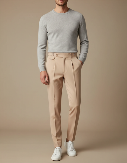Pantalon À Pince Beige Coupe Droite Élégant Homme - Gabardine