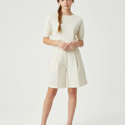 Pantalon À Pince Crème Plissé Droit Court Décontracté - Beige Gabardine