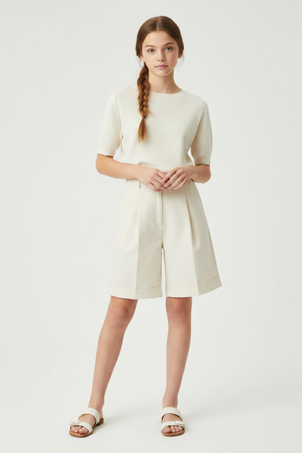 Pantalon À Pince Crème Plissé Droit Court Décontracté - Beige Gabardine