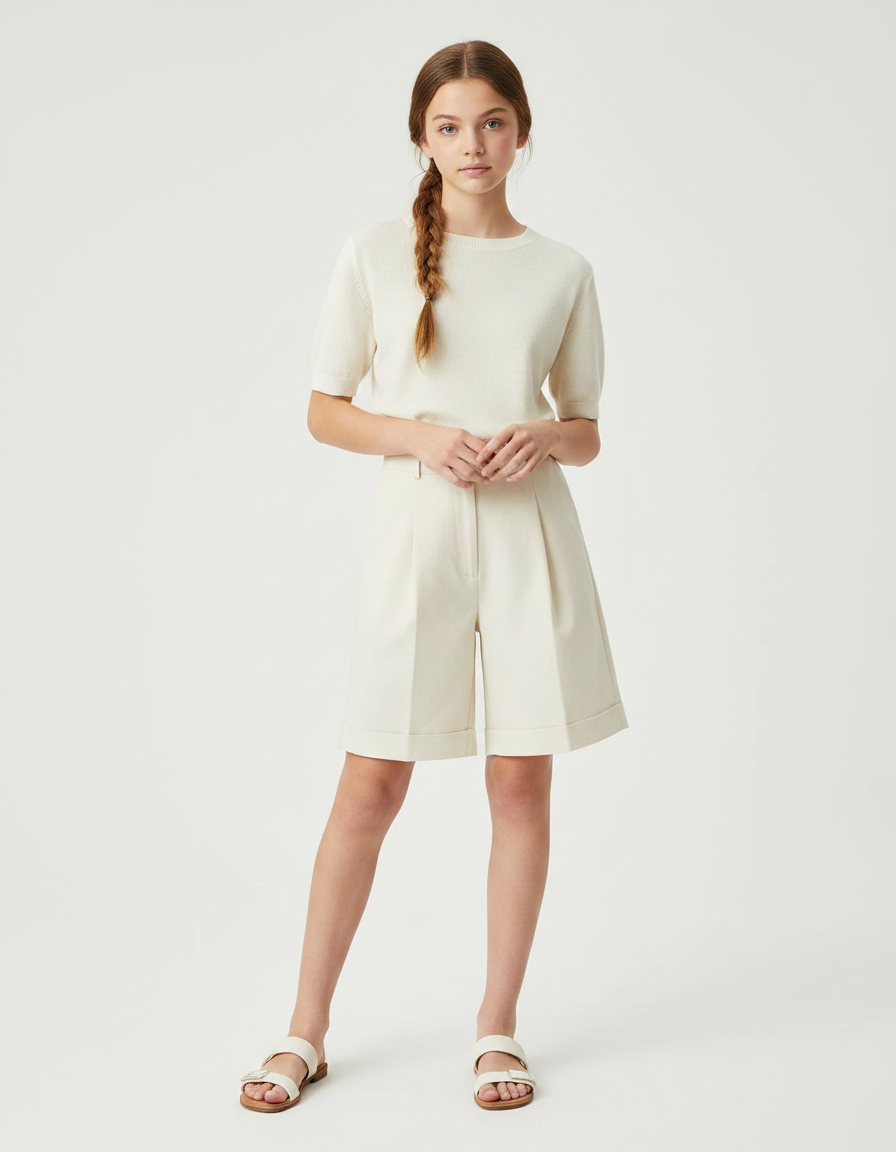 Pantalon À Pince Crème Plissé Droit Court Décontracté - Beige Gabardine
