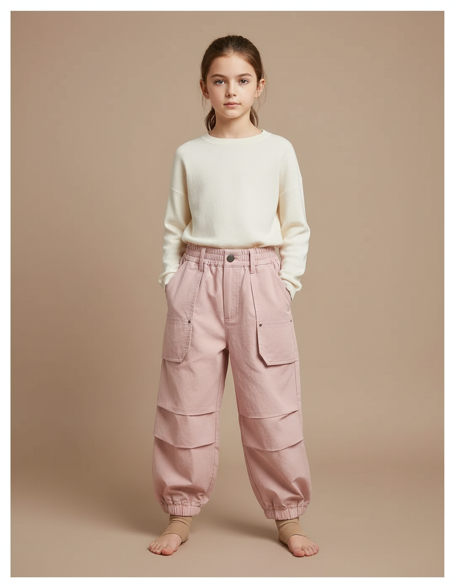 Pantalon À Pince Rose Cargo Coton Ample Enfant