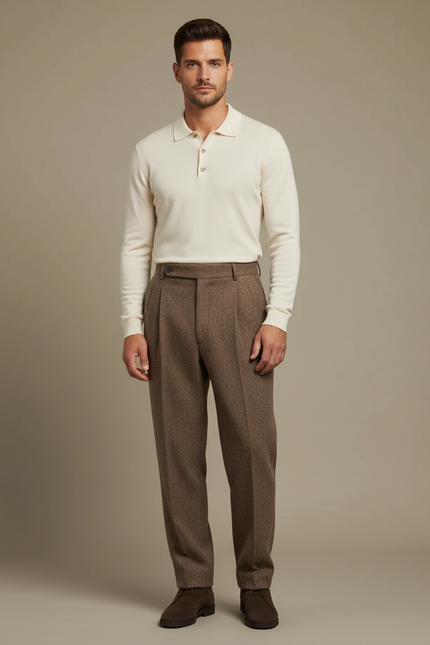 Pantalon À Pince Marron Tweed Plissé Droit Homme