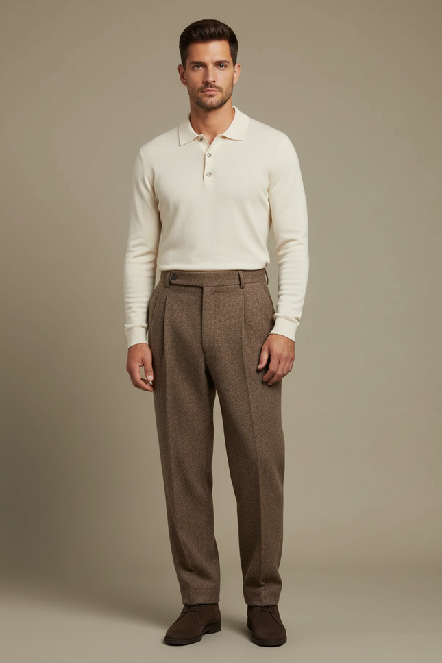 Pantalon À Pince Marron Tweed Plissé Droit Homme