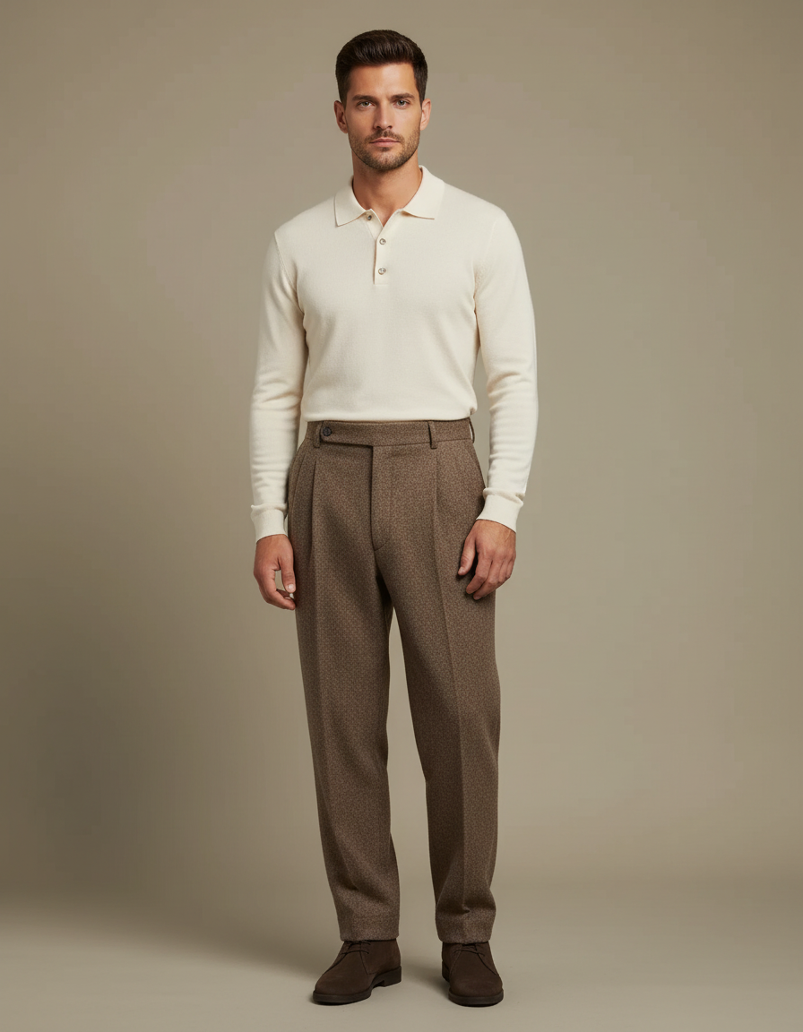Pantalon À Pince Marron Tweed Plissé Droit Homme