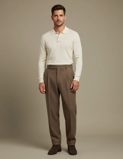 Pantalon À Pince Marron Tweed Plissé Droit Homme