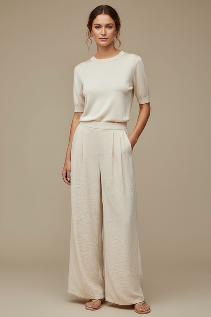 Pantalon À Pince Crème Plissé Ample Fluide Élégant - Beige Viscose