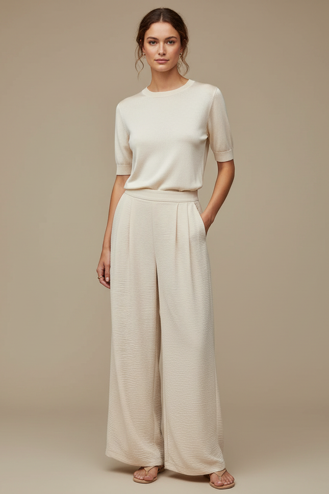 Pantalon À Pince Crème Plissé Ample Fluide Élégant - Beige Viscose
